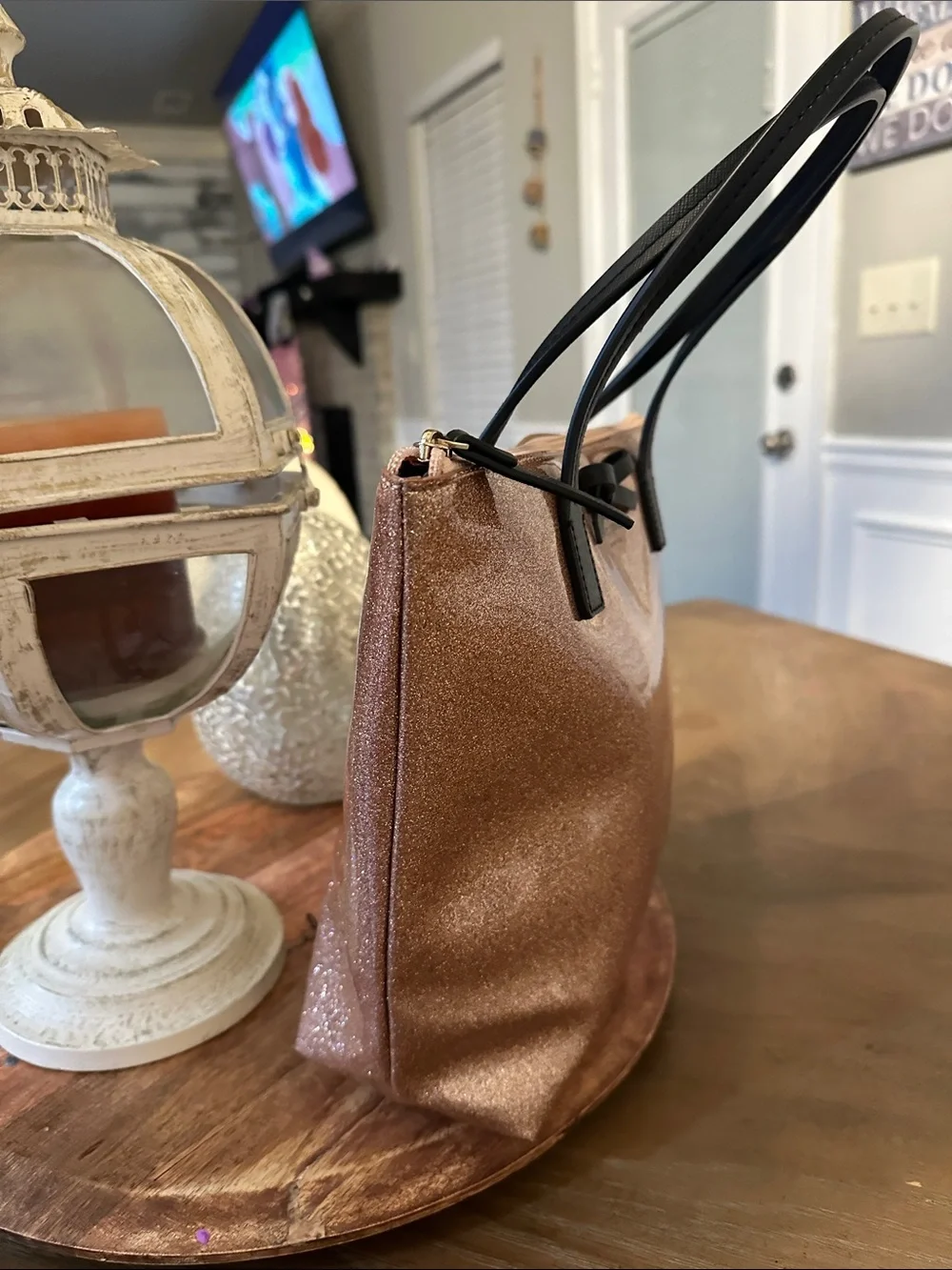 kate spade Rose Gold Glitter Tote with Black Handles - Picture 3 of 11